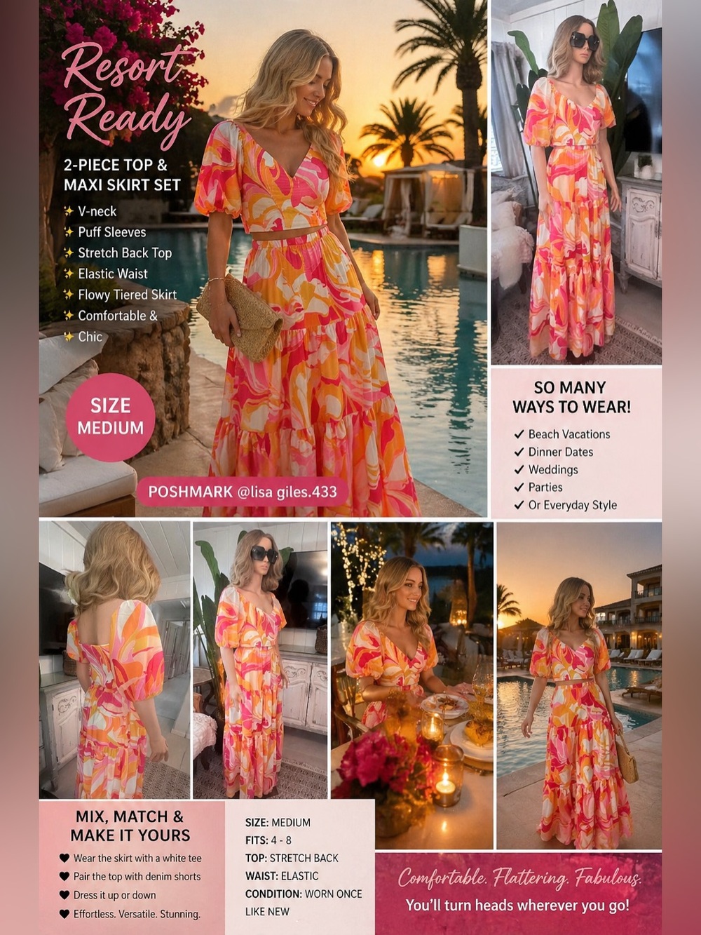 Resort-Ready 2-Piece Puff Sleeve Top & Maxi Skirt Set - Pink Orange Print